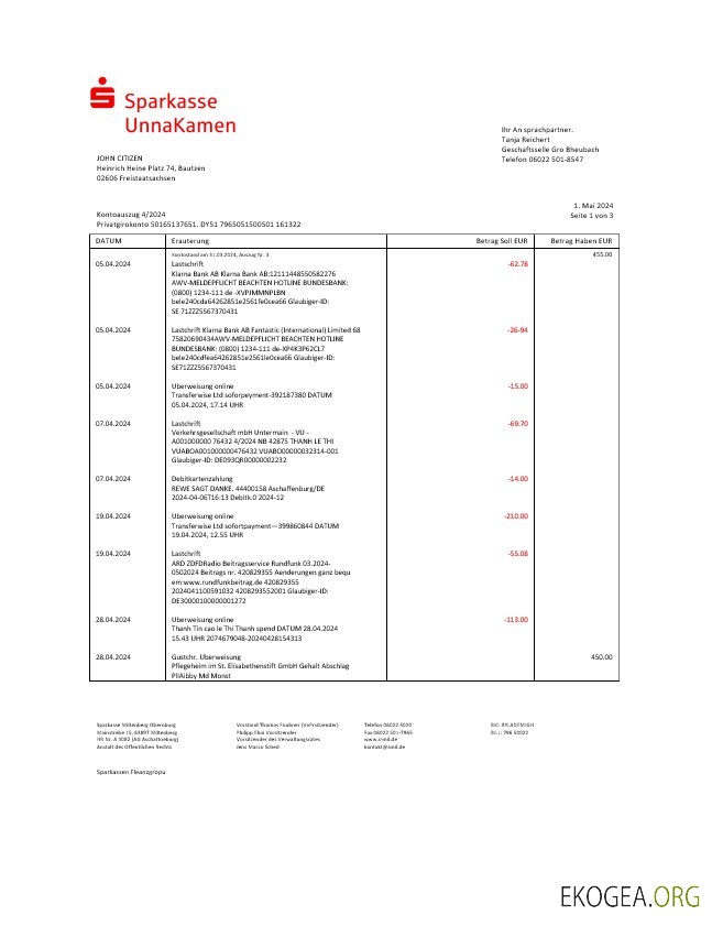 Allemagne Sparkasse UnnaKamen relevé bancaire Modèle Word et PDF